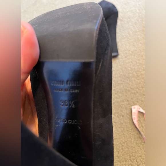 Miu Miu Black Suede Pump Round Almond Toe Block Heels Leather Italy cLassic Shoe - Picture 7 of 12